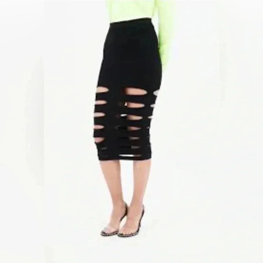 Cushnie et Ochs Black Ribbed Knit Slash Cutout Skirt Size M